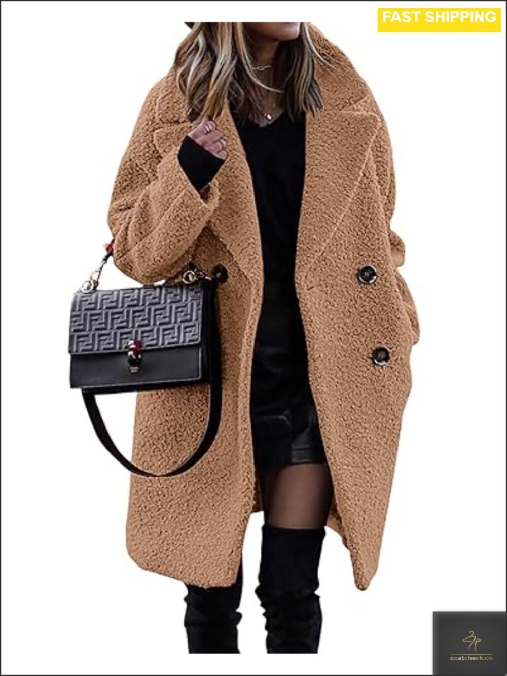 Faux Fur Sherpa Jacket Notched Lapel Double-Breasted Winter Coat